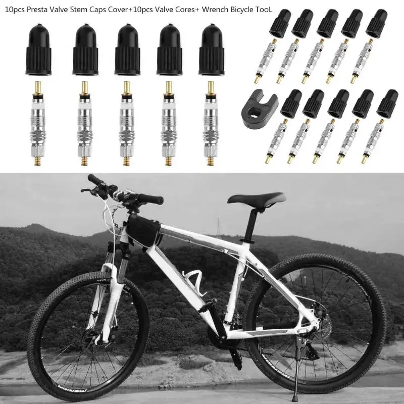 

10pcs Presta Valve Cores+ 10pcs Valve Stem Caps w/ Wrench Bicycle Tool Kit MTB Tool Presta Valve Core