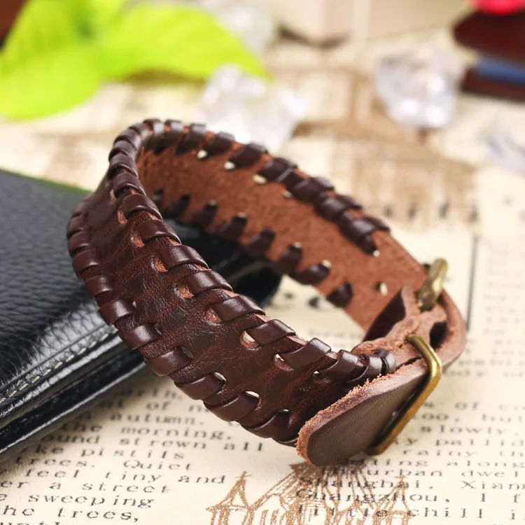 Модные очаровательные ювелирные изделия винтажные длинные коричневые кожаные браслеты для женщин простые манжеты плетение браслет в виде ремня с пряжкой pulsera