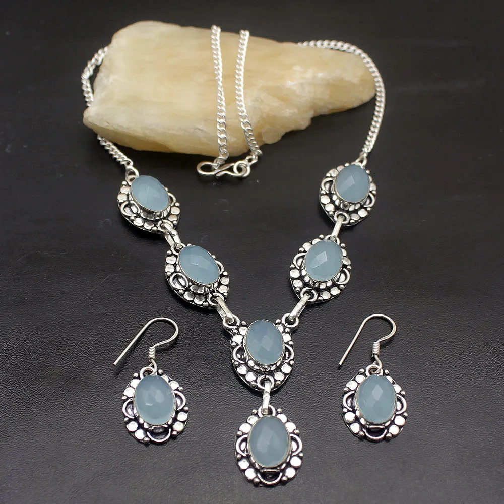 

49% OFF New Arrival Vintage Blue Agate925 Sterling Silver Earrings Necklace Jewelry Sets Women Gifts Free Shipping