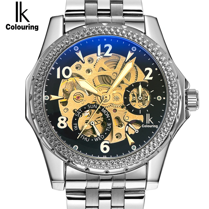 

IK Colouring Automatic Mechanical Watch Decorative Small Dials Luminous Pointer Hollow Back Case Stainless Steel Men Wristwatch