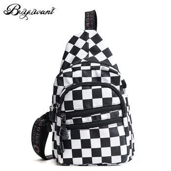 

Buyuwant Oxford Chest bag BW19-CH-gzxbnz Fashion plaid shoulder Messenger bag Black white cool man and women phone bag