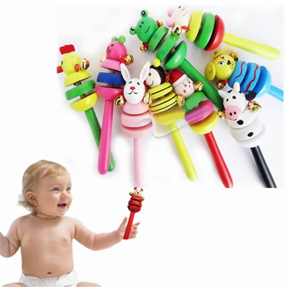 

Kid Rattles Wooden Bell Toy Cartoon Animal Wooden Handbell Musical Education Instrument