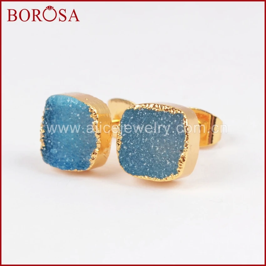 Серьги-гвоздики BOROSA 1 пара квадратная форма натуральный кристалл Druzy золотой цвет