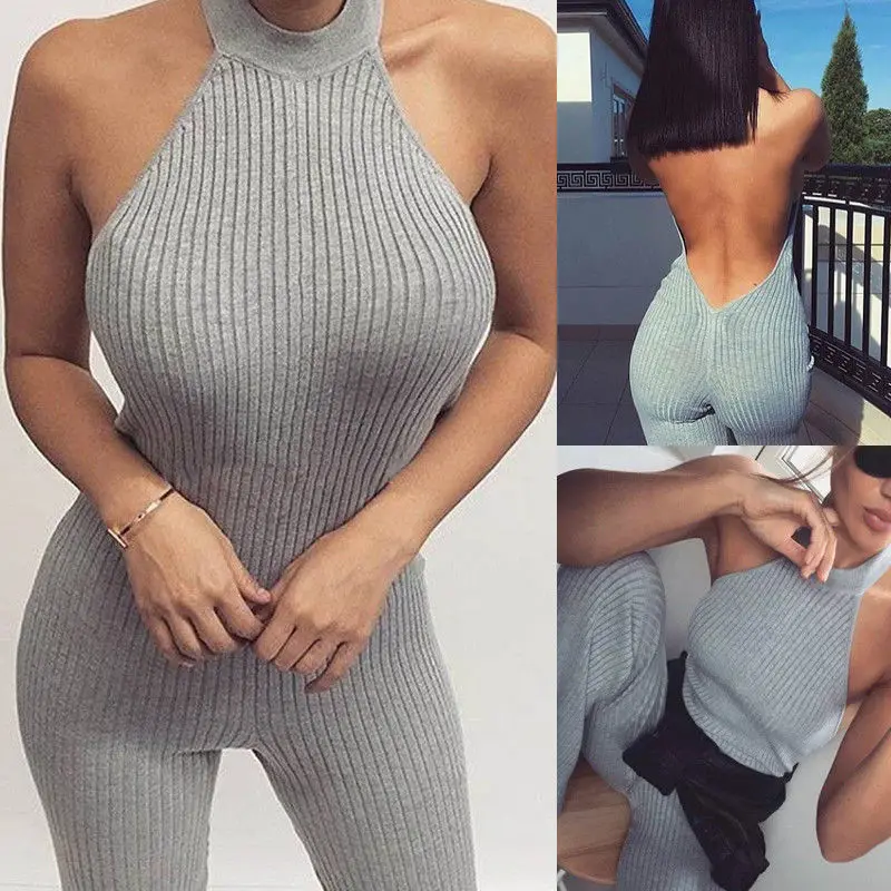 

Elegant Sexy Jumpsuits Women Sleeveless Striped Jumpsuit Halter Solid Backless Pants Rompers Holiday Leotard Overalls