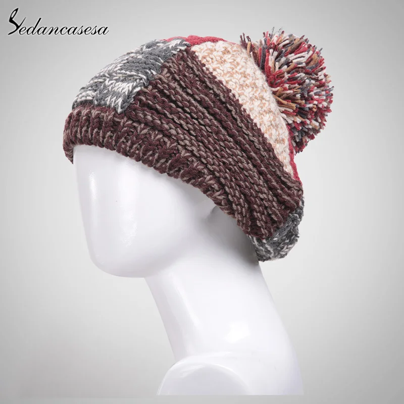 Sedancasesa New Women hats Korean style winter hats knitted cap keep warm Beanie caps with cute Pompom Christmas Gifts - Цвет: Coffee 57CM