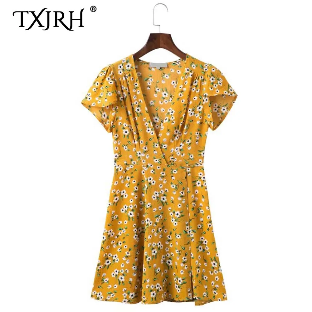 

TXJRH Bohemian Ethnic Floral Print Yellow Cross Deep V-Neck Back Lacing up Waist Slit Short Sleeve Sexy Short Mini A-Line Dress