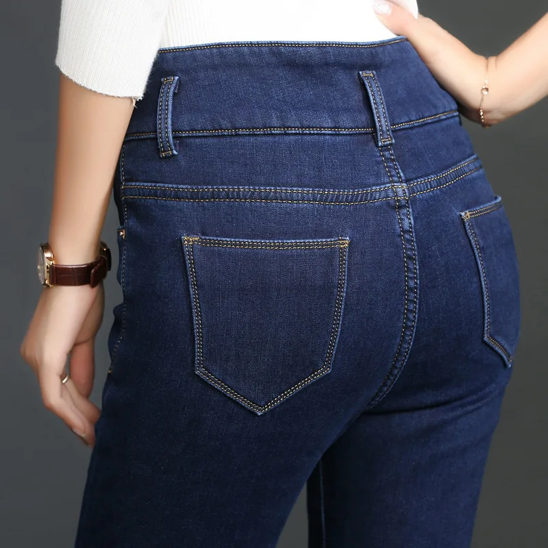 Autumn Winter Mom Jeans Woman High Waist Elastic Thicken Warm Jeans Plus Size Long Trousers Korean Slim Pencil Denim Pants