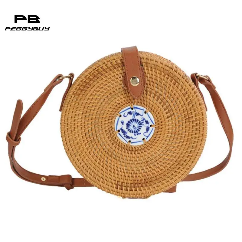 Round Straw Bags For Women Crossbody Handmade Circle Woven Handbags Rattan Knitted Casual Beach ...