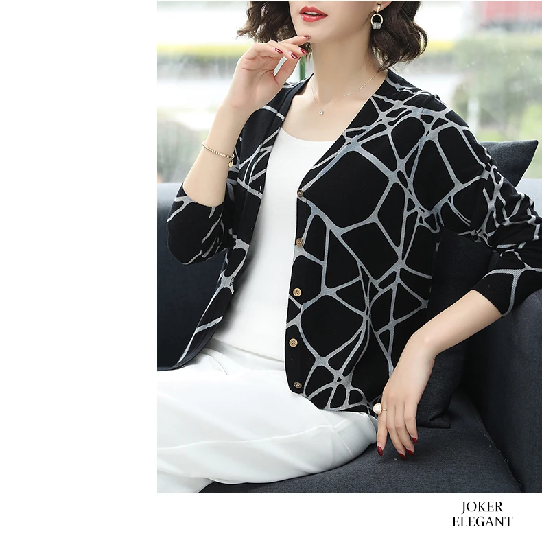 ASLTW Autumn Printed Sweater Women New Fashion Geometric V Neck Cardigan Female Plus Size Knitted Top Jumper Sweater