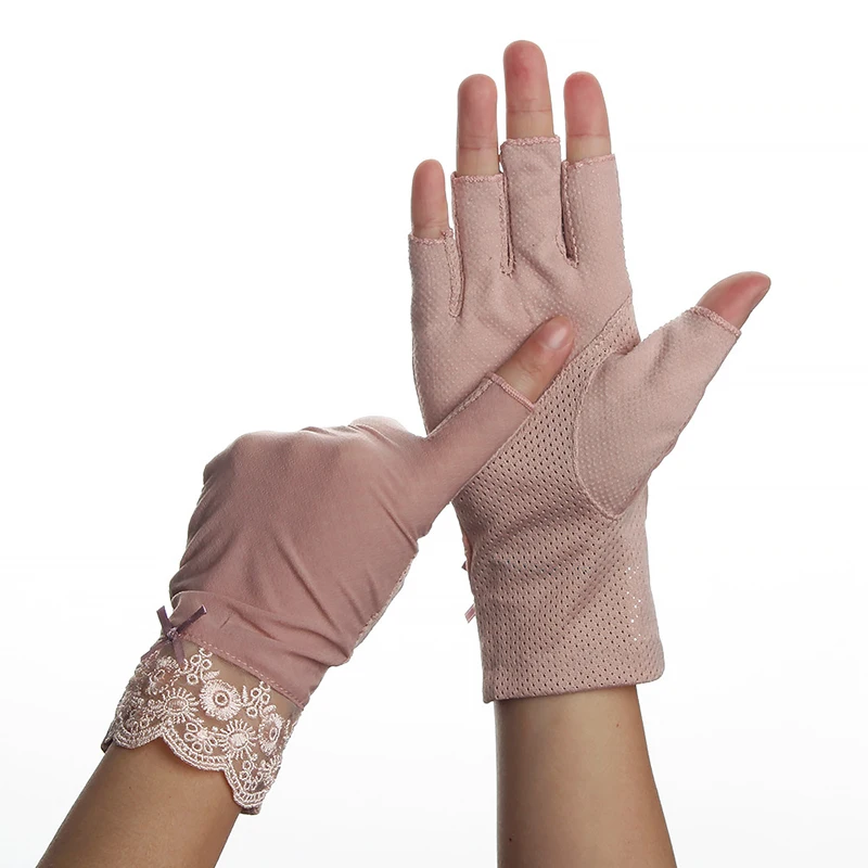 Женские летние тянущиеся тонкие перчатки без пальцев для вождения, шелковые противоскользящие солнцезащитные перчатки с защитой от УФ-лучей