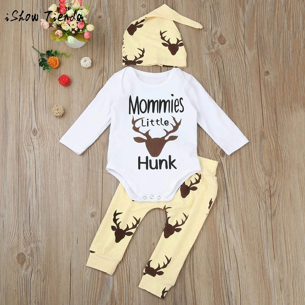

Baby Boy Girl Long Sleeve Romper+ Pants Hat Cap 3PCS Outfits Set Clothes Suit Goods for newborns deer print Kit for childrens