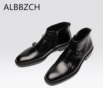 

New mens fashion buckle genuine leather ankle boots high quality business dress men boots round toe zip luxury office work boots
