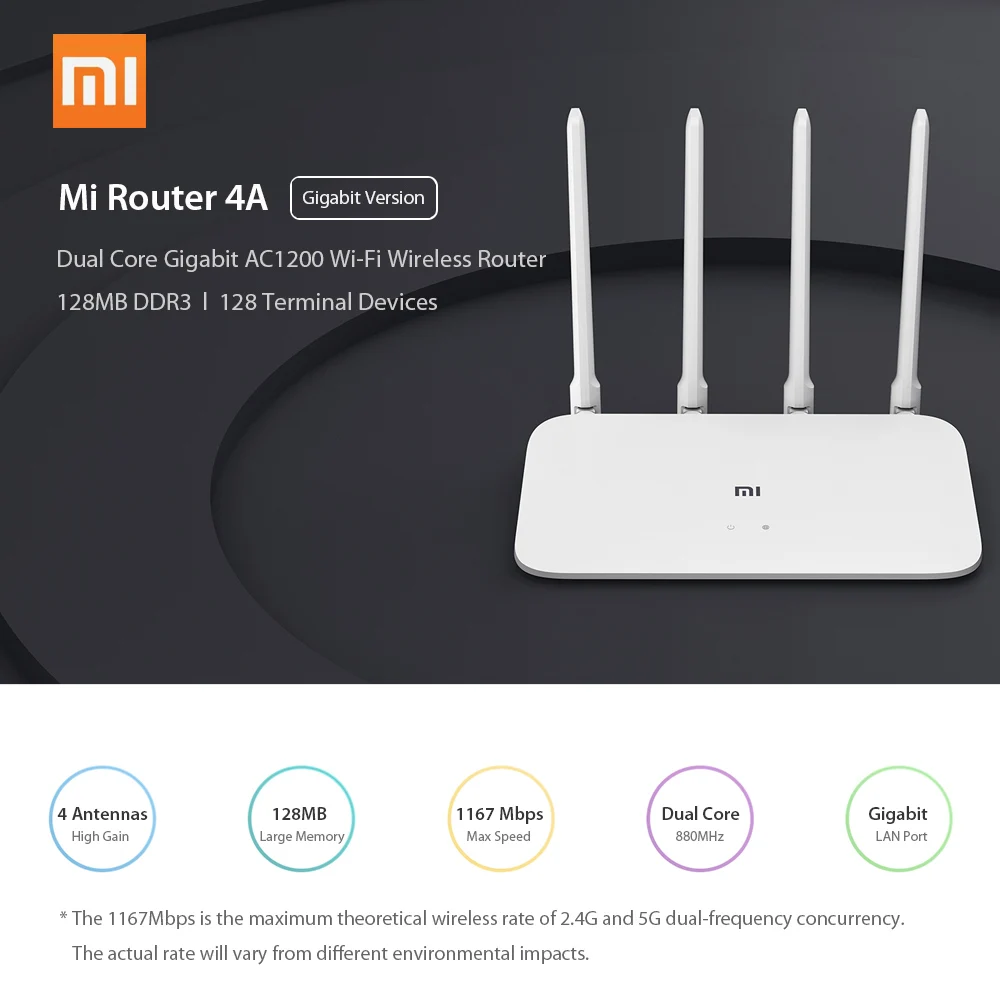 

Xiaomi Mi Router 4A Gigabit Version 2.4GHz 5GHz WiFi 1167Mbps WiFi Repeater 128MB DDR3 High Gain 4 Antennas Network Extender