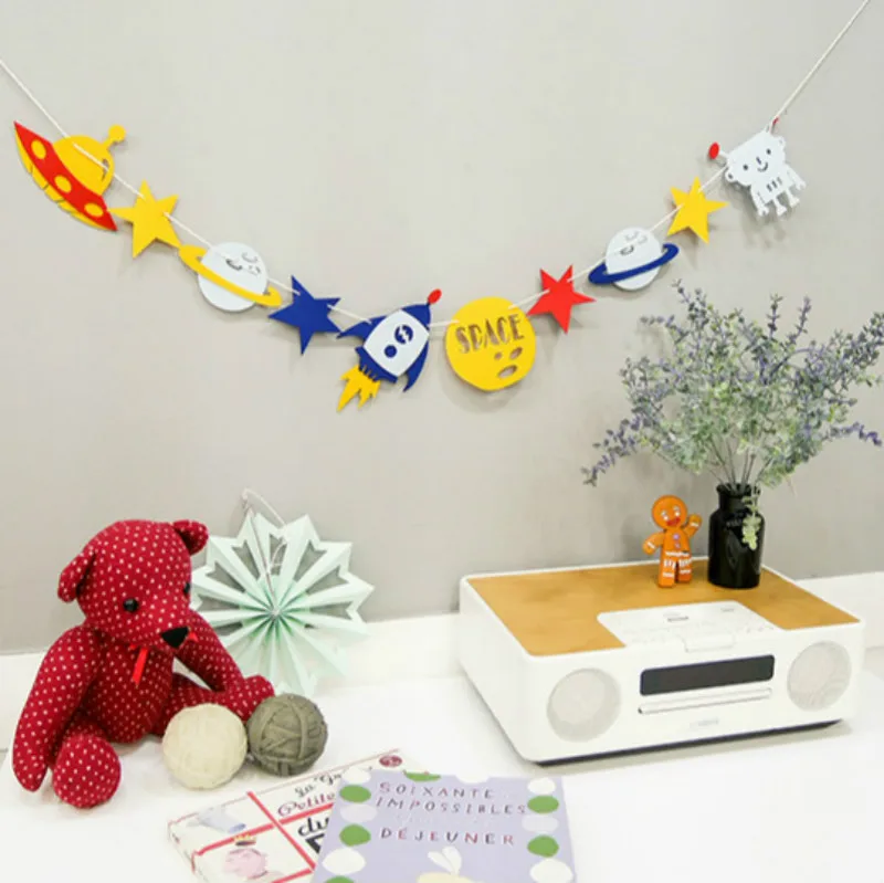 

UFO Solar System Outer Space Banner Bunting Flags Spaceship Astronaut Rocket Robot Theme Birthday Party Decoration Supplies