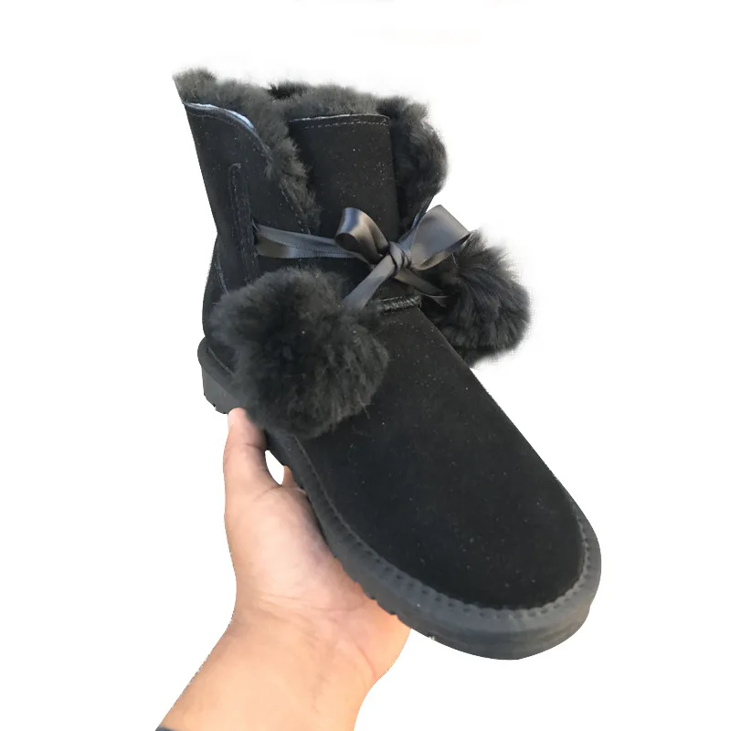 

2017 New Snow Boots Winter Warm Lady's Cotton Boots Big Fur Ball Real Leather Shoes for Women's Shoes