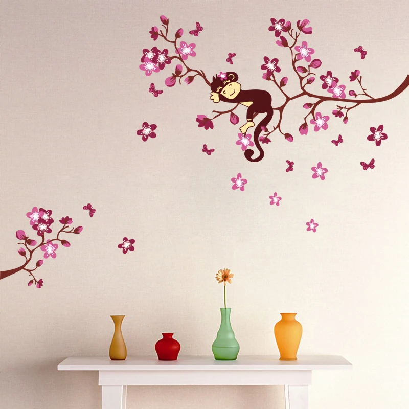 Sleeping-Monkey-Pink-Flower-Blossom-Tree-Kids-Baby-Nursery-Wall-Sticker-Living-Room-Decorations-Wallpaper-Home