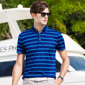 

Men short sleeve Poloshirts shirt with Stripes 2019 Summer New Casual Tops Tee soft silk basic style Red Blue 38200