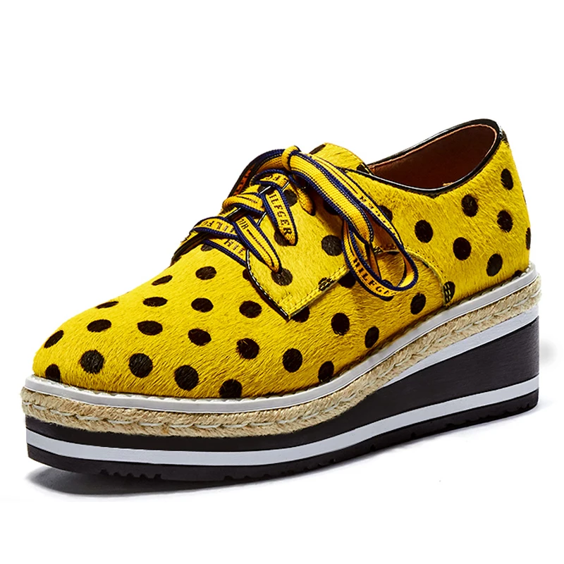 

Horsehair Women's Flat Platform Shoes 3.5 CM Thick Soles 6 CM High Wedges Lace-up Yellow Leather Loafers Box Packing 1010