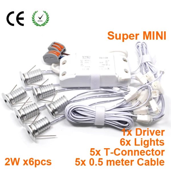 

6PCS/Set + Driver + Cables 2W 180Lm 80Ra Mini Led Down Light Interior Home Hotel Cabinet Restaurant Jewerly Showcase Lighting