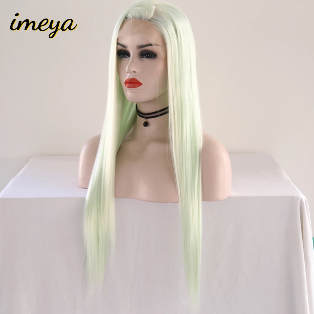 Imeya Long Silky Straight Light Green Color Synthetic Lace Front Wigs 26Inch Side Part With High Bangs Heat Resistant Fiber Hair