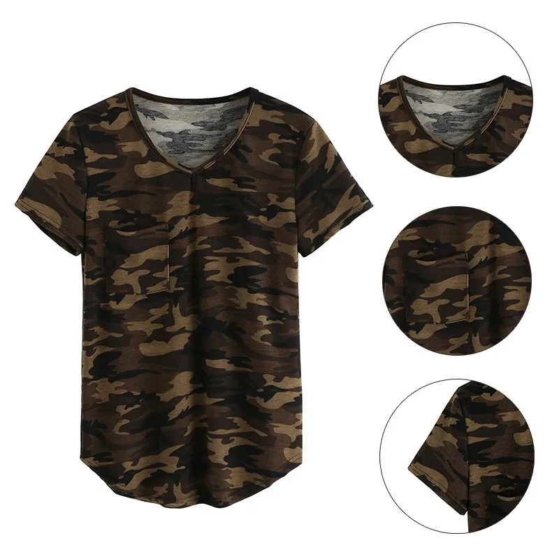 Новая женская одежда, футболка, летние армейские Топы с коротким рукавом, камуфляжная футболка с принтом и карманом, Летняя короткая футболка с v-образным вырезом