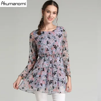 

Autumn Spring Chiffon Shirt Blouse O-neck Flare Nine Quarter Sleeve Brief Tops Women's Clothes Overclothes Plus Size 5XL 4XL-M