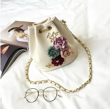 

2019 New Fashion Women Lady Chain Shoulder Bags High Quality PU Leather Flower Buckets Handbag Floral Handmade Cross Body Bags