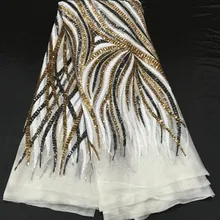 5 ярдов/шт изумительная сетка кружева французская белая сетка кружевная ткань с золотыми+ белыми+ Черными Блестками дизайн для вечернего платья FN10-2