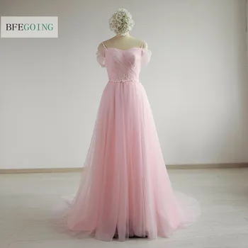 

Pink Tulle A-line Formal Evening Dress Court Train Sweetheart Spaghetti Straps Appliques Beading Belt Custom made