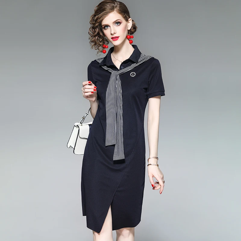 

New Fashion 2019 Summer Casual Dress Elegant Turn-down Collar Short Sleeve Striped Patchwork Slim Women's Knee-Length Dress