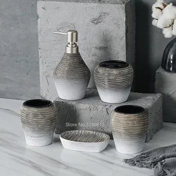 

5pcs Porcelain Bathroom Set European Bathroom Ceramic Liquid Soap Dispenser Porcelain Soap Toothbrush Holder Home Decoration