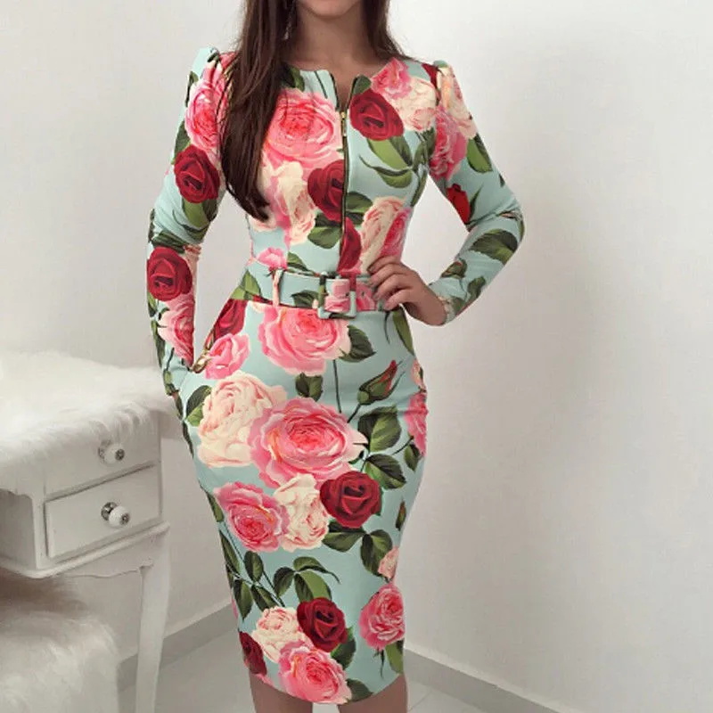 

Boho Women Floral Dress Long Sleeve With Belt Zipper Flower Knee Length Dresses Party Beach Ladies Sundress Casual Vestidos OL