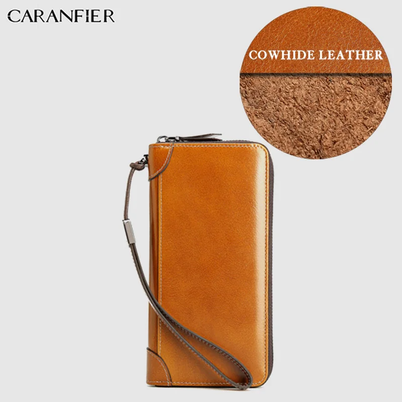 

CARANFIER Mens Wallet Business Solid Color Long Style ID Card Holder Photo Package Genuine Cowhide Leather Zipper Clutch 2019