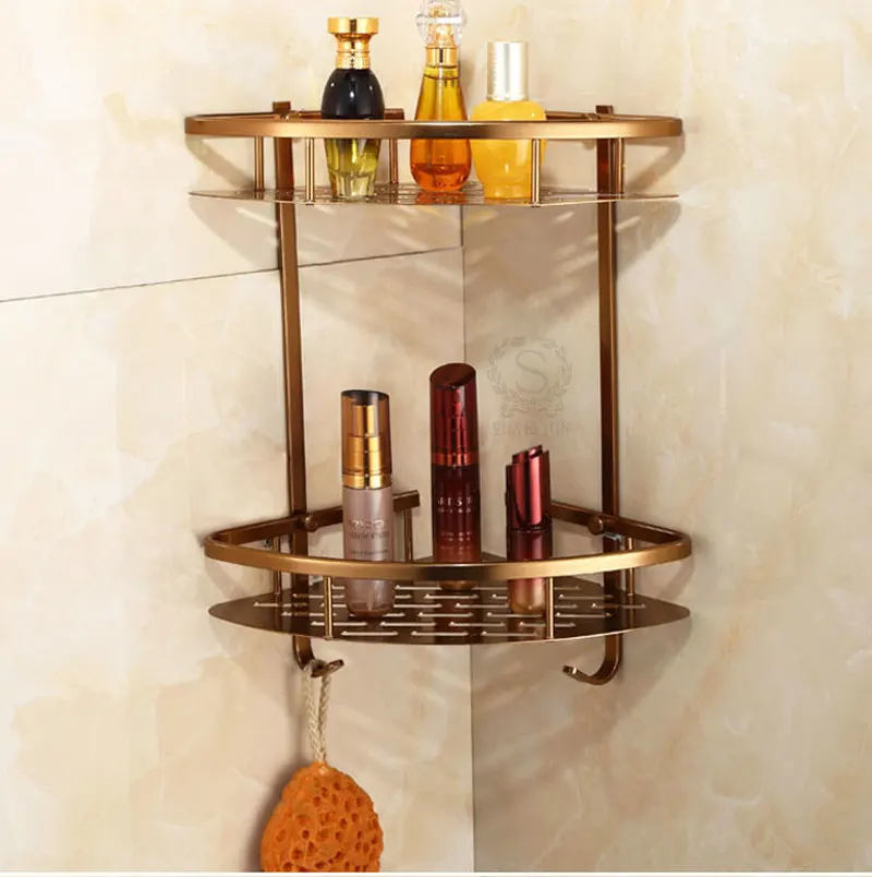 

Bathroom European Shelf Space Aluminum Antique Retro Triangle Basket Wall Mount Double Brush Corner Shelf for Bathroom Hardware