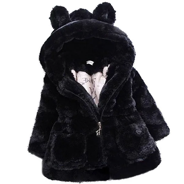 Г. Новая зимняя одежда для маленьких девочек пальто с искусственным мехом флисовая куртка теплый зимний комбинезон, От 1 до 7 лет куртка с капюшоном для малышей Детская верхняя одежда - Цвет: Black
