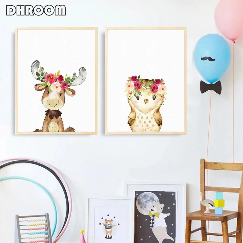 

Watercolor Woodland Animals Wall Art Canvas Painting Floral Flower Poster Prints Nordic Kids Decoration Picture for Baby Room