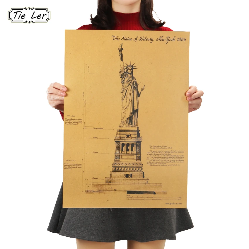 Галстук Лер Статуя Свободы в Нью-Йорк Ретро плакат украшение здание крафт настенная бумажная наклейка 51,5X36 см