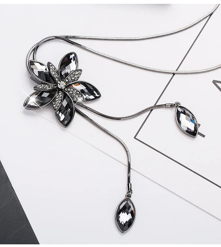 Винтажное длинное ожерелье со стразами в виде черной змеи, модное женское ожерелье с кристаллами и цветами, Ювелирное колье с подвеской