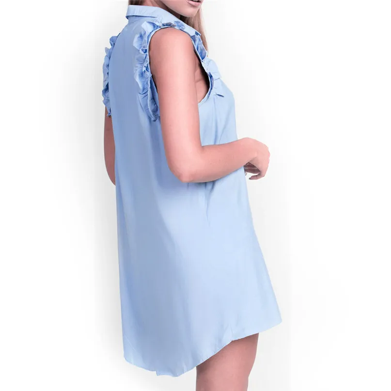 2018 Summer A-Line dress Women Beach Dress V-Neck Solid Chiffon Sleeveless Button Short Mini Dress Casual Ruffles #3j03#F (4)