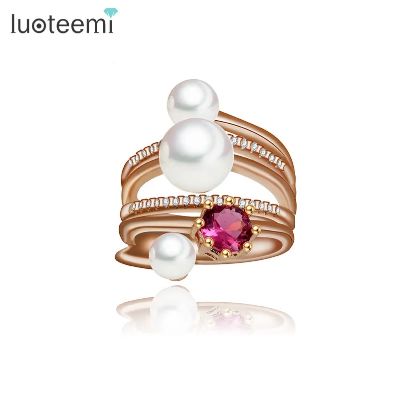 

LUOTEEMI Brand Luxury Women Rings 3pcs Imitation Pearl With Round AAA Cubic Zirconia and Fashion Small Round CZ Crystal Jewelry
