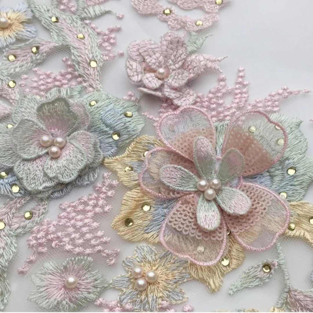 Pearl Beaded 3D Flowers Lace Applique Wedding Dress Decoration Floral Patch