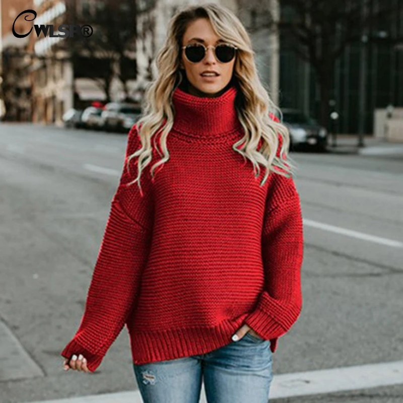 CWLSP  2018 NEW Sweater 6 Colors Solid Sweater Women Long Sleeves Turtleneck Casual Loose Tops Sweater Tops QZ2900