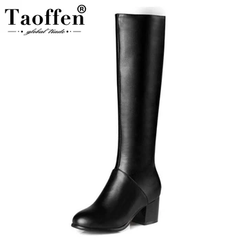 

Taoffen Plus Size 32-45 PU Leather Boots Women Knee High Boots Winter Zipper Thick High Heels Fur Boots Round Toe Women's Shoes