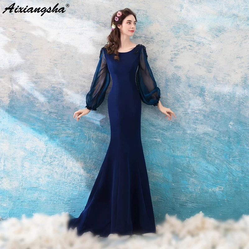 

Navy Blue Mermaid Prom Dresses 2018 Scoop Beading Lace Appliques Vestido De Festa Longo Long Prom Dress Elegant Gala Jurken