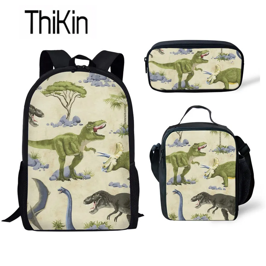 

THIKIN Dino School Backpack for Kids 3pcs School Bags Set Tyrannosaurus Rex Dinosaur Schoolbag Children Primary School Bag Boys