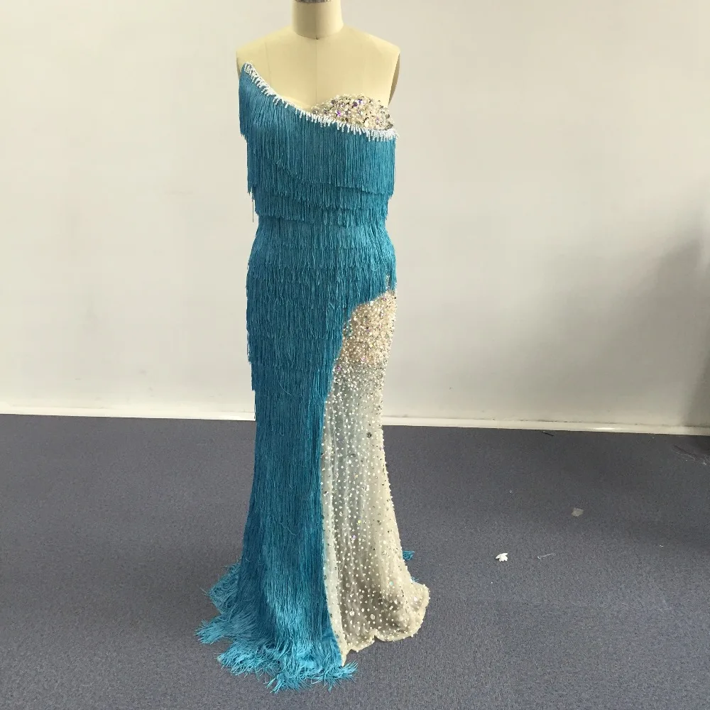 Tassel Vestidos de Strass Bling Bling Vestidos de Noite Querida Mangas Prom Vestidos Real