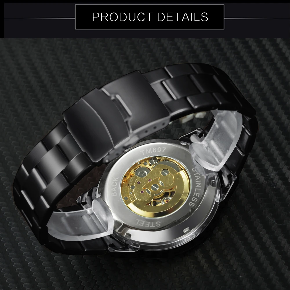 WINNER официальный люксовый бренд автоматические часы черный ремешок из нержавеющей стали золотой скелет часы для мужчин механические наручные часы