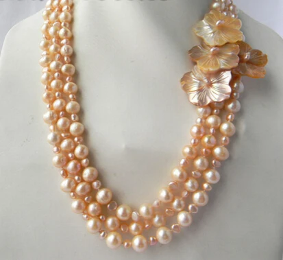 

FREE SHIPPING>@@> N2499 3Strands 21'' 10mm Pink Round Freshwater Pearl Shell Flower Necklace