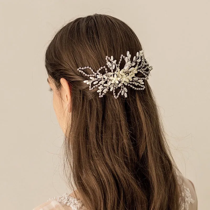 

Vintage Pearl Wedding Hair Jewelry Rhinestone Bridal Hair Comb Handmade Accessories For Women Silver Leaf Hair Ornaments