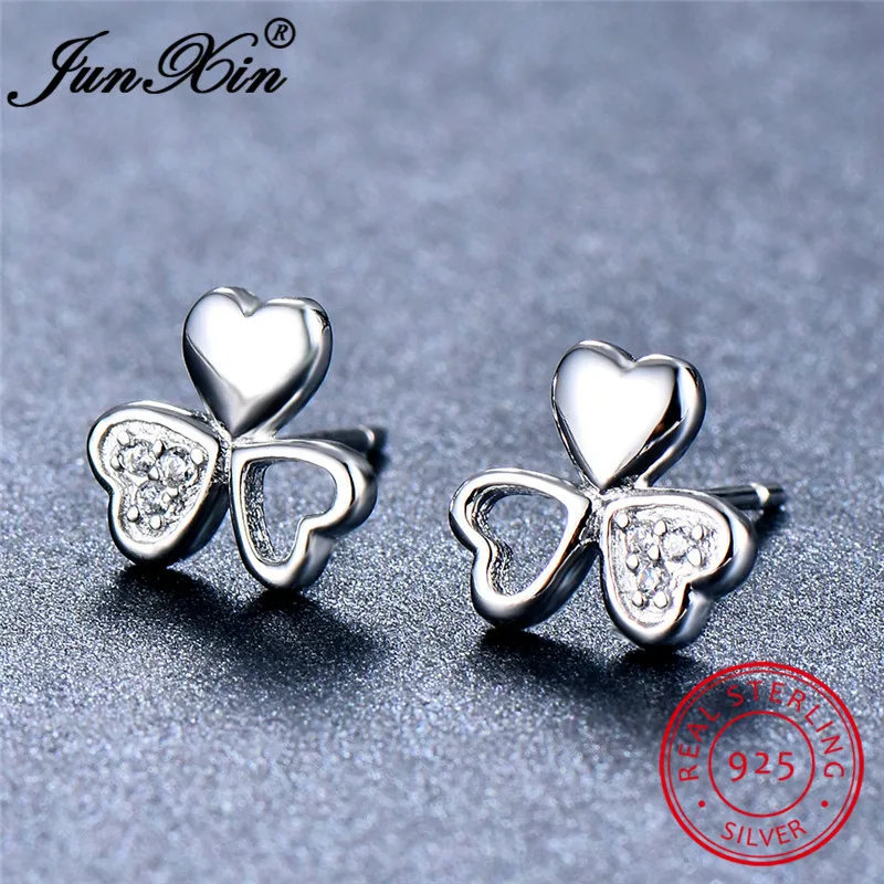

JUNXIN Female Cute Heart Clover Stud Earrings For Women Real 925 Sterling Silver Small White Zircon Wedding Earrings Crystal CZ